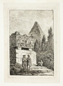 Paesaggio con piramide e sarcofago, sesto piatto da Les Soirées de Rome da Hubert Robert