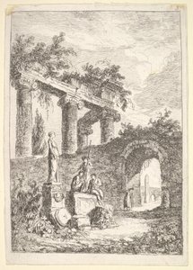Piatto 3: La statua davanti alle rovine: una statua a sinistra accanto a tre figure su un p..., ca. 1763-64 da Hubert Robert