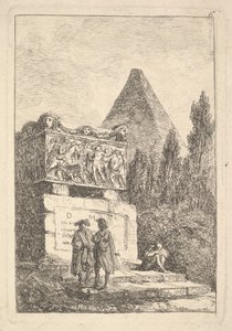 Tavola 6: Il Sarcofago: due uomini che conversano a sinistra, un altro uomo seduto e dorm... da Hubert Robert