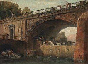 Lavandaie sotto un arco di ponte da Hubert Robert