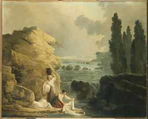 Lavandaie presso una cascata da Hubert Robert
