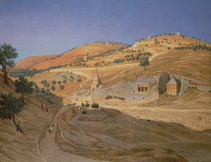 Paesaggio collinare con arabi e un tempio in rovina da Hubert Sattler