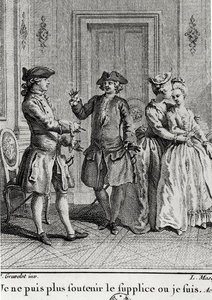Non posso più sopportare i tormenti qui dove sono, illustrazione per Eugenie di Beaumarchais, incisa da Louis Joseph Masquelier (1741-1811) da Hubert after Gravelot