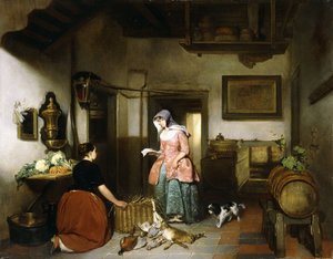 Interno di una dispensa con donne che puliscono selvaggina da Hubertus van Hove