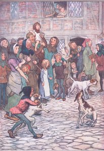 Perché i tuoi cani abbaiano così? Ci sono orsi in città? (illustrazione da Le allegre comari di Windsor, 1910) da Hugh Thomson