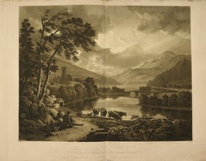 Illustrazione che mostra una vista di Kenmore sul Loch Tay in Scozia. Un paesaggio di lago e montagna nelle Highlands.