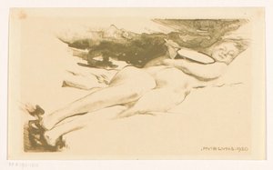 Donna nuda sdraiata con specchio da Huib Luns