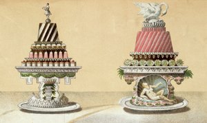 Progetto per la presentazione di Charlottes a la Reine & Pain de Framboises a la Leda, illustrazione da un libro di cucina ungherese sulla cucina francese, c.1880