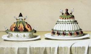 Progetto per la presentazione di pollo ripieno di foie gras e petti di fagiano cotti alla maniera di Berthold, illustrazione da un libro di cucina ungherese sulla cucina francese, c.1880