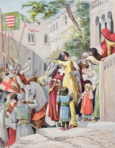 Giovanni Hunyadi abbraccia sua moglie, Erzsebet Szilagyi, mentre parte per la battaglia, c.1900