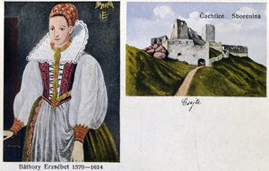 Cartolina raffigurante la contessa Elisabeth Bathory (1560-1614) e il castello di Cachtice