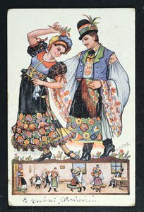 Cartolina raffigurante una coppia ungherese che balla una danza tradizionale, 1943 da Hungarian School