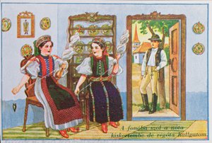 Cartolina raffigurante donne in abiti tradizionali ungheresi che filano e cantano la canzone popolare Canta una canzone alla rana, c.1940 da Hungarian School