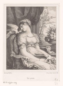 Donna seduta con libro e uccello bianco da Hyacinthe Louis Victor Jean Baptiste Aubry Lecomte