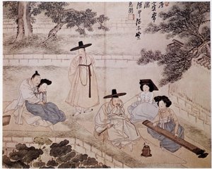 Musica, fumeria e coppia in un giardino, Corea - di Hye-Wol, dinastia Yi da Hyewon