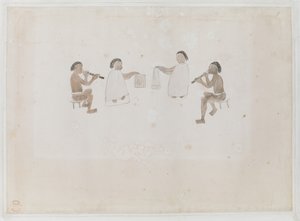 Musicisti di Tahiti. Quattro tahitiani, due vestiti con il mare suonano il flauto nasale; due vestiti con il tiputa battono i tamburi, registrato nel diario di Joseph Banks I, 290 da I. F. Miller