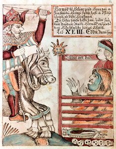 Hermod a cavallo di Sleipnir, il famoso cavallo a otto zampe di suo padre, ai cancelli sbarrati del Regno di Hel