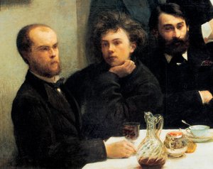 Angolo del tavolo: da sinistra a destra: Paul Verlaine, Arthur Rimbaud, Elzear Bonnier. (Dipinto, XIX secolo) da Ignace Henri Jean Fantin Latour