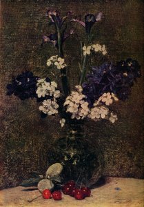 Vaso di fiori, con ciliegie e mandorle sul tavolo, natura morta, iris, ibridi di delphinium da Ignace Henri Jean Fantin Latour