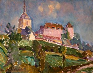 Veduta del castello e della chiesa di Gruyères, c.1925-30