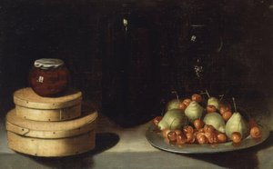 Natura morta (vassoio con ciliegie e pere, scatole e barattolo di miele)