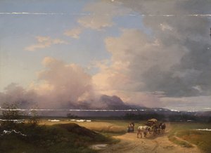 Paesaggio prealpino con carro sulla strada