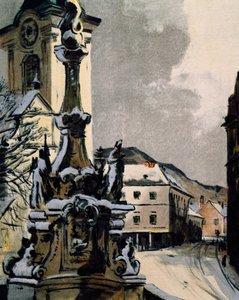 Veduta di Hainburg an der Donau, Austria, città dove Franz Joseph Haydn studiò musica tra il 1738 e il 1740, Stampa di Igo Potsch per celebrare il centenario della morte del musicista