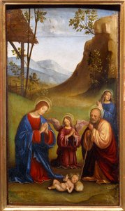 Adorazione del bambino. San Giuseppe, la Vergine Maria e un angelo pregano intorno al neonato Cristo