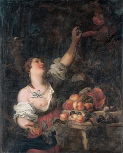 Una donna che raccoglie uva e un putto vicino a un piedistallo classico adornato di frutta da Il Borgognone