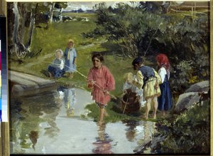 Bambini che pescano da Illarion Mikhailovich Pryanishnikov