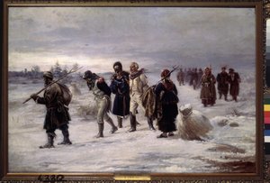 Nel 1812. (I prigionieri catturati della Grande Armata di Napoleone marciano nella neve, esausti, scortati da contadini russi). Dipinto di Illarion Mikhailovich Pryanishnikov (1840-1894), olio su tela da Illarion Mikhailovich Pryanishnikov