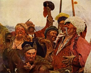 (dettaglio) dei Cosacchi che scrivono una lettera al Sultano turco da Ilya Efimovich Repin