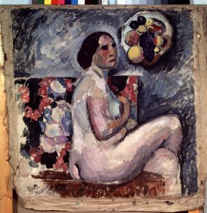 Ritratto di una donna nuda, seduta con le gambe incrociate, di profilo, accennando un gesto di pudore. Dietro di lei, un quadro di frutta e appeso al muro, un cappello decorato di frutta. da Ilya Ivanovich Mashkov