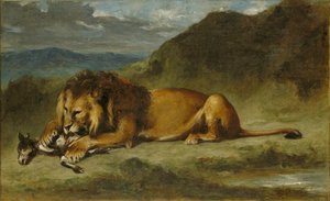 Leone che divora una capra da Imitator of Eugène Delacroix