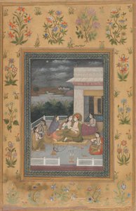 Una coppia su una terrazza circondata da attendenti e musicisti da Indian 18th Century