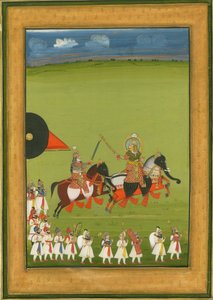 Rajah e figlio su cavalli travestiti da elefanti, e suite di attendenti, c. 1810 da Indian Art