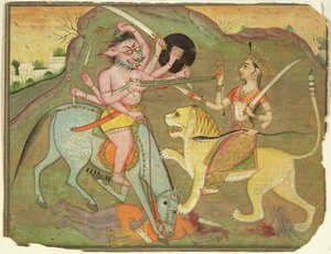 Durga in combattimento con Mahishasura, dal foglio di 