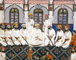 Un raja di Jaipur vestito per il culto nel durbar da Indian School