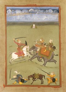 Un principe che combatte i suoi nemici su un elefante, c.1710 da Indian School