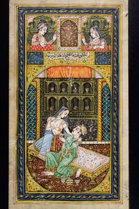 Un uomo corteggia una donna in un ambiente lussuoso, miniatura Rajasthani