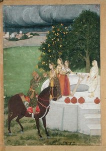 Un principe a cavallo che riceve acqua da signore a un pozzo, miniatura da Murshidabad, c.1760 da Indian School