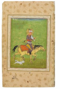 Dipinto di Iraj a cavallo che caccia con un falco, India, Periodo Mughal, fine XVI secolo