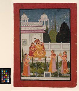 Un raja su una terrazza con la sua rani, assistito da tre donne, fine XVIII secolo da Indian School