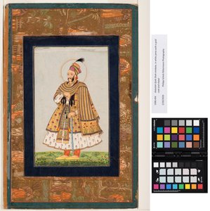 Abdullah Qutb Shah nimbato, in jama bianco con un cappotto e scialle d