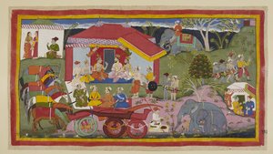 Add 15296 (1) f.104r, In una scena di accampamento, Guha il re Nishada viene introdotto nella riunione dei principi, Brahmini e ministri. I cavalli, sganciati dai carri, stanno in fila legati e zoppicanti, mentre un mahout prepara la polvere per il de da Indian School