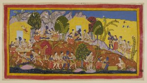 In alto al centro, Bharata e Shatrughna si gettano ai piedi di Rama, che abbraccia i suoi fratelli minori e annusa le loro teste. Rama li prende in grembo mentre chiede del loro benessere e di quello del loro padre da Indian School