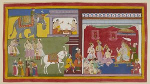 Dasaratha, seduto in durbar, racconta ai Brahmini Vasistha e Vamadeva e al suo ministro Sumantra della sua intenzione di abdicare al trono in favore di Rama come reggente; a sinistra, questi tre convocano Rama e Laksmana. Sopra, quattro Brahmini iniziano
