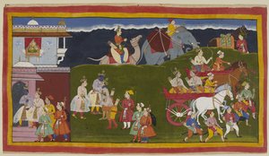 I quattro fratelli si abbracciano fuori dal palazzo, con donne che guardano giù da una finestra jharokha. Bharata e Shatrughna se ne vanno in una carrozza da Indian School