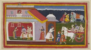 Add 15296 (1) f.41r, Dopo aver finalmente persuaso sua madre e suo fratello ad accettare con calma il suo destino, Rama e Laksmana tornano al suo palazzo sul carro, la testa di Rama china nella sua consueta umiltà. Vengono accolti da Sita, che lo ha visto 