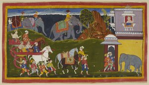 Bharata, Shatrughna e il loro zio, insieme ai servitori e due cavalli da sella guidati, con elefanti carichi oltre la linea dell